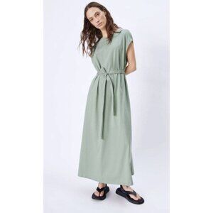 New Zara 100% Cotton Sleeveless Long Dress with Tie Belt Neutral Muted Green